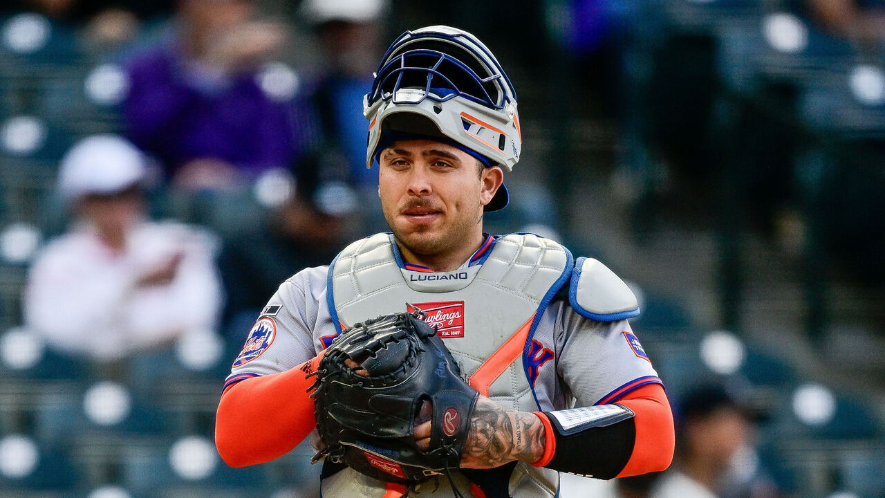 DENVER, COLORADO - MAY 7: Francisco Alvarez #4 of the New York Mets looks on as he catches in the eighth inning against the Colorado Rockies at Coors Field on May 7, 2026 in Denver, Colorado.