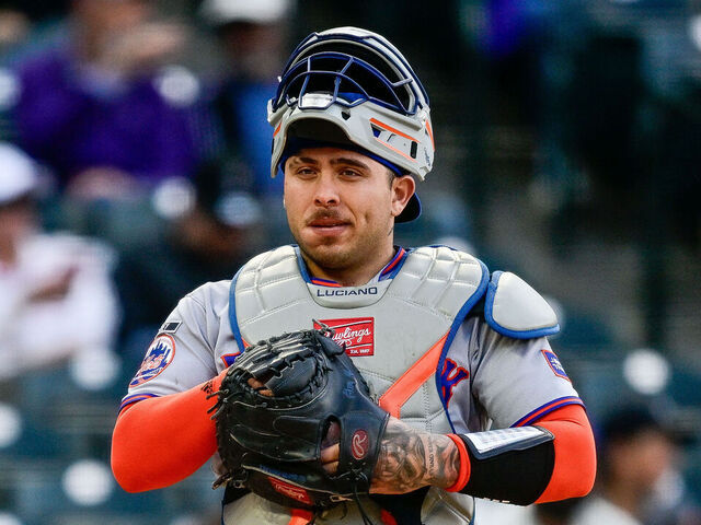 DENVER, COLORADO - MAY 7: Francisco Alvarez #4 of the New York Mets looks on as he catches in the eighth inning against the Colorado Rockies at Coors Field on May 7, 2026 in Denver, Colorado.