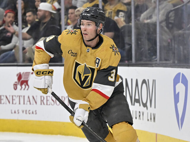 LAS VEGAS, NEVADA - APRIL 19: Brayden McNabb #3 of the Vegas Golden Knights skates during the second period against the Utah Mammoth in Game One of the First Round of the 2026 Stanley Cup Playoffs at T-Mobile Arena on April 19, 2026 in Las Vegas, Nevada.