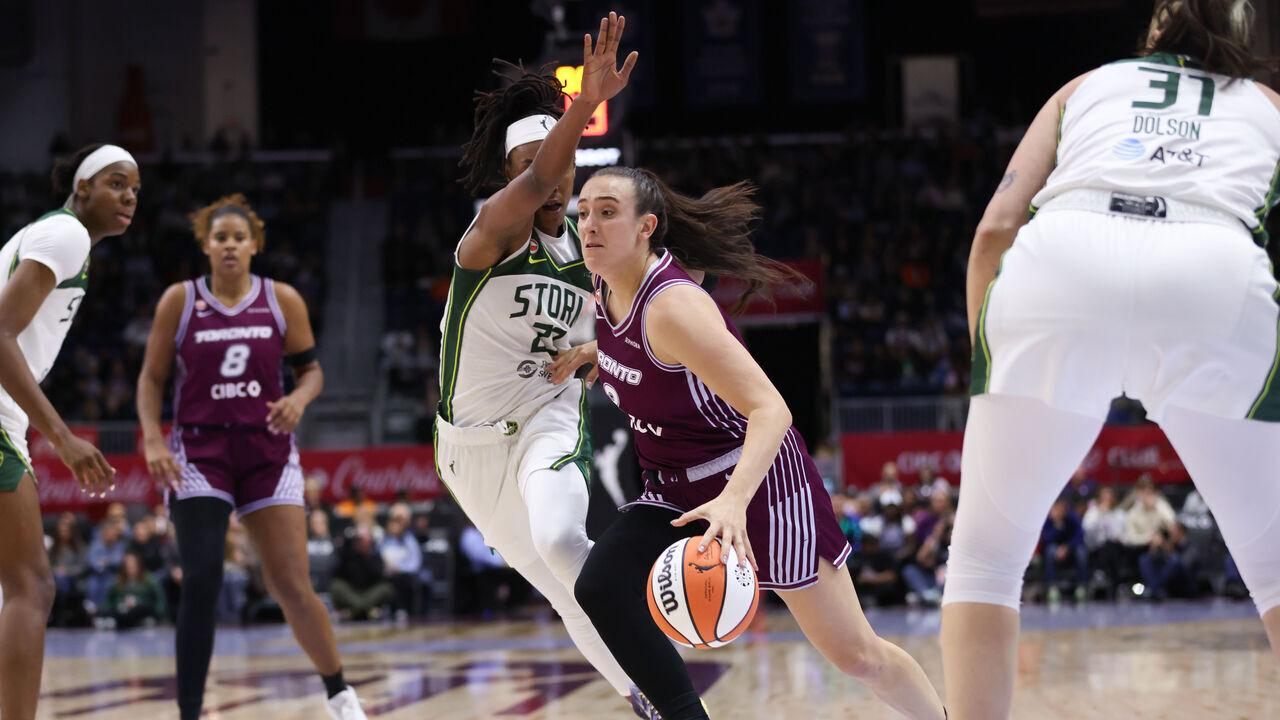 TORONTO, CANADA. - MAY 13: Marina Mabrey #3 of the Toronto Tempo drives to the basket during the game against the Seattle Storm on May 13, 2026 at Coca-Cola Coliseum in Toronto, Canada. Mandatory Copyright Notice: Copyright 2026 NBAE