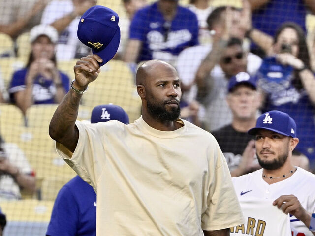 Los Angeles, CA - August 29: Former Los Angeles Dodger Jason Heyward receives his World Series ring prior to a baseball game between the Arizona Diamondbacks and Los Angeles Dodgers at Dodger Stadium in Los Angeles on Friday, August 29, 2025.