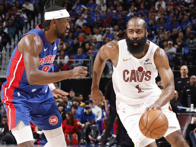 DETROIT, MI - MAY 13: James Harden #1 of the Cleveland Cavaliers dribbles the ball during the game against the Detroit Pistons during Round Two Game Five of the 2026 NBA Playoffs on May 13, 2026 at Little Caesars Arena in Detroit, Michigan. NOTE TO USER: User expressly acknowledges and agrees that, by downloading and/or using this photograph, User is consenting to the terms and conditions of the Getty Images License Agreement. Mandatory Copyright Notice: Copyright 2026 NBAE