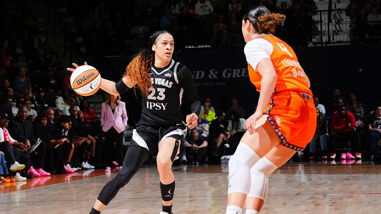 UNCASVILLE, CT - MAY 13: Cheyenne Parker-Tyus #32 of the Las Vegas Aces dribbles the ball during the game against the Connecticut Sun on May 13, 2026 at the Mohegan Sun Arena in Uncasville, Connecticut. Mandatory Copyright Notice: Copyright 2026 NBAE