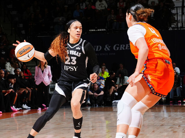 UNCASVILLE, CT - MAY 13: Cheyenne Parker-Tyus #32 of the Las Vegas Aces dribbles the ball during the game against the Connecticut Sun on May 13, 2026 at the Mohegan Sun Arena in Uncasville, Connecticut. Mandatory Copyright Notice: Copyright 2026 NBAE