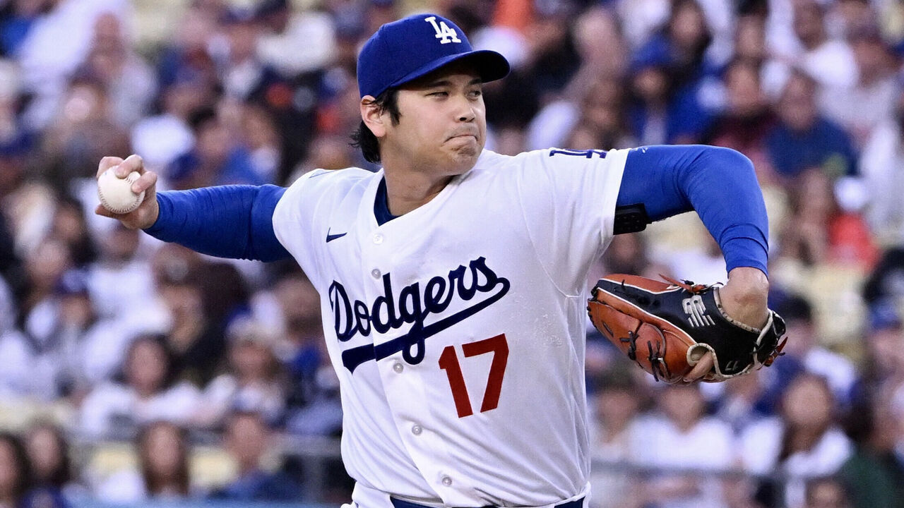 Los Angeles, CA - May 13: Starting pitcher Shohei Ohtani #17 of the Los Angeles Dodgers throws to the plate against the San Francisco Gisnts in the first inning of a baseball game at Dodger Stadium in Los Angeles on Wednesday, May 13, 2026.