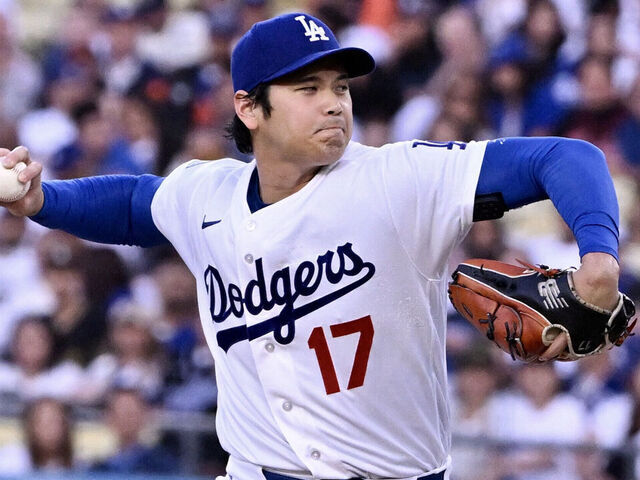Los Angeles, CA - May 13: Starting pitcher Shohei Ohtani #17 of the Los Angeles Dodgers throws to the plate against the San Francisco Gisnts in the first inning of a baseball game at Dodger Stadium in Los Angeles on Wednesday, May 13, 2026.