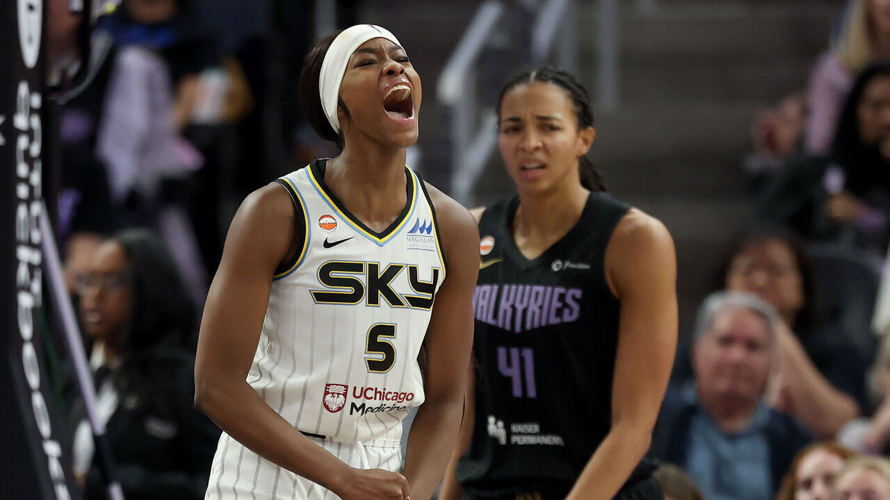 SAN FRANCISCO, CALIFORNIA - MAY 13: Rickea Jackson #5 of the Chicago Sky reacts after making a basket against the Golden State Valkyries during the second half at Chase Center on May 13, 2026 in San Francisco, California.