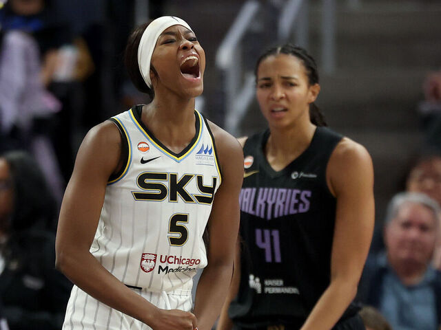 SAN FRANCISCO, CALIFORNIA - MAY 13: Rickea Jackson #5 of the Chicago Sky reacts after making a basket against the Golden State Valkyries during the second half at Chase Center on May 13, 2026 in San Francisco, California.