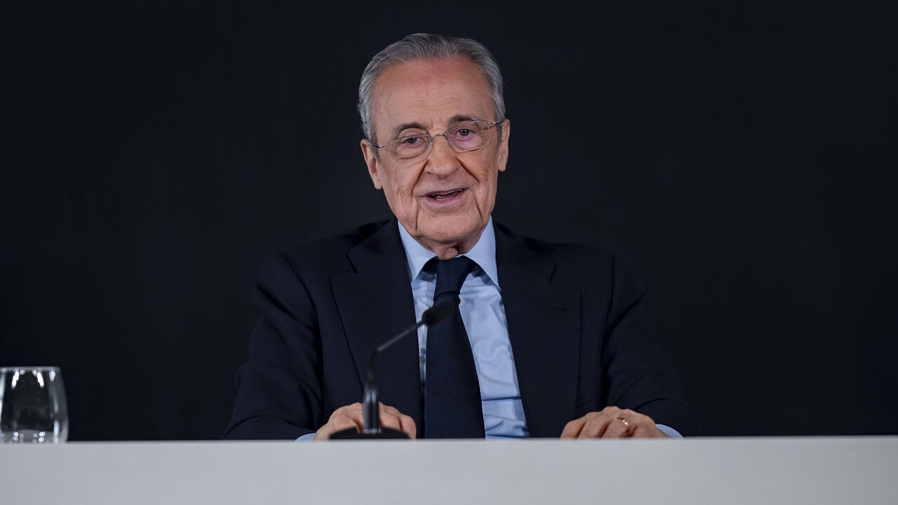Florentino Perez, President of Real Madrid, speaks during a press conference announcing that he will call elections for the presidency of Real Madrid at Ciudad Real Madrid on May 12, 2026, in Madrid, Spain.