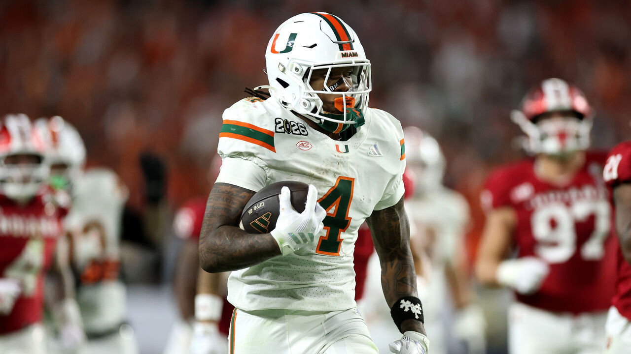 MIAMI GARDENS, FLORIDA - JANUARY 19: Mark Fletcher Jr. #4 of the Miami Hurricanes runs for a third quarter touchdown against the Indiana Hoosiers in the 2026 College Football Playoff National Championship at Hard Rock Stadium on January 19, 2026 in Miami Gardens, Florida.