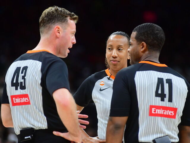 ARLINGTON, TX - MAY 3: NBA referees Kevin Fahy #43, Gerda Gatling #24, RJ Johnson #41 talk during the game between the Las Vegas and the Dallas Wings during a WNBA Pre Season game on May 3, 2026 at the College Park Center in Arlington, TX. Mandatory Copyright Notice: Copyright 2026 NBAE