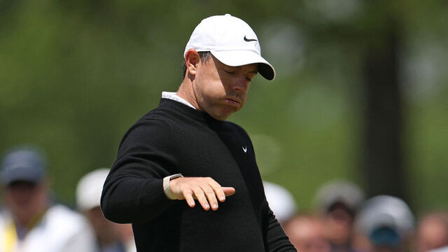 NEWTOWN, PENNSYLVANIA - MAY 14: Rory McIlroy of Northern Ireland reacts after a putt on the sixth green during the first round of the PGA Championship at Aronimink Golf Club on May 14, 2026 in Newtown, Pennsylvania.