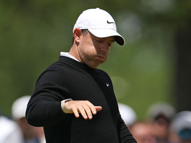 NEWTOWN, PENNSYLVANIA - MAY 14: Rory McIlroy of Northern Ireland reacts after a putt on the sixth green during the first round of the PGA Championship at Aronimink Golf Club on May 14, 2026 in Newtown, Pennsylvania.