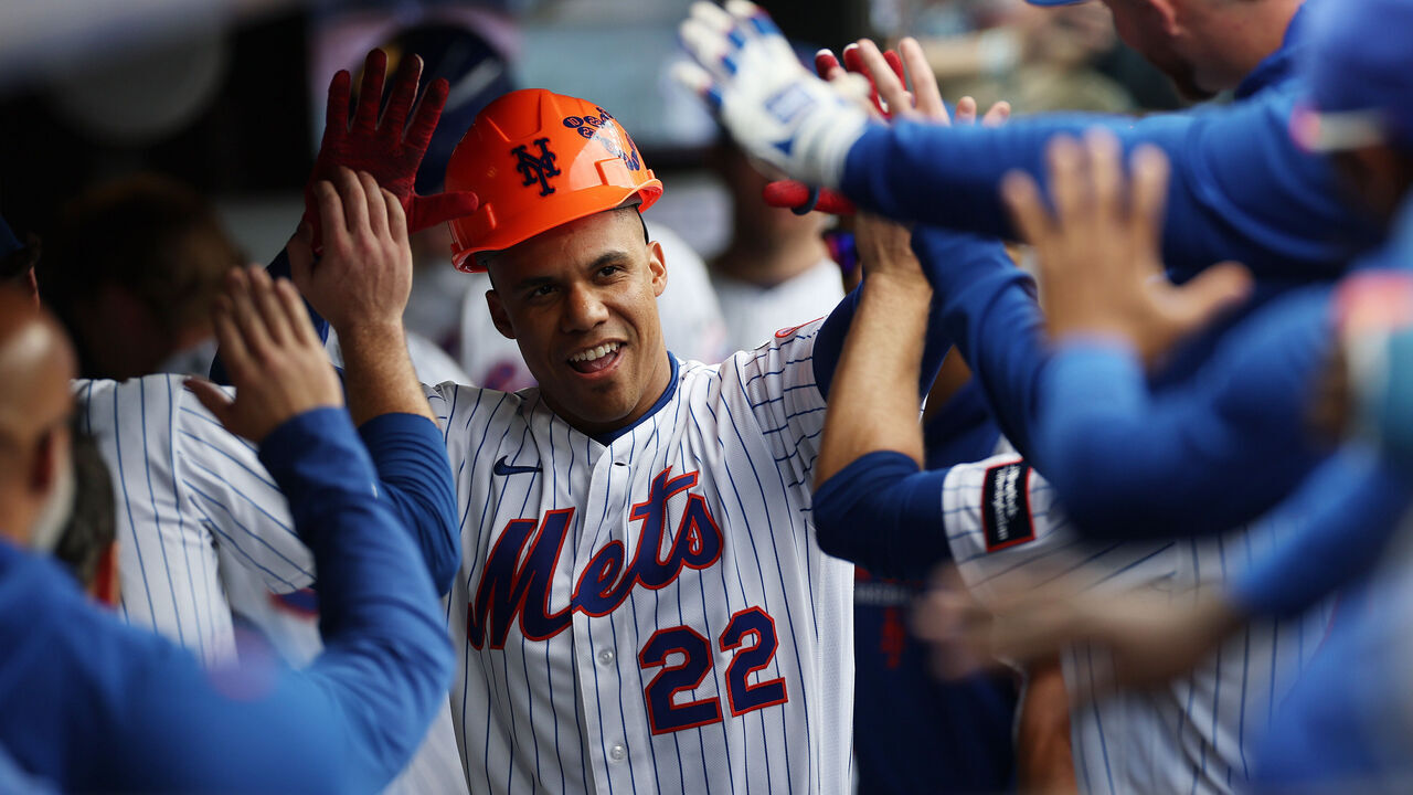 NEW YORK, NEW YORK - MAY 14: Juan Soto #22 of the New York Mets celebrates after hitting a home run in the seventh inning against the Detroit Tigers during their game at Citi Field on May 14, 2026 in New York City.