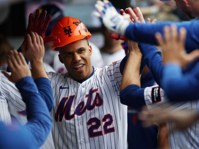NEW YORK, NEW YORK - MAY 14: Juan Soto #22 of the New York Mets celebrates after hitting a home run in the seventh inning against the Detroit Tigers during their game at Citi Field on May 14, 2026 in New York City.