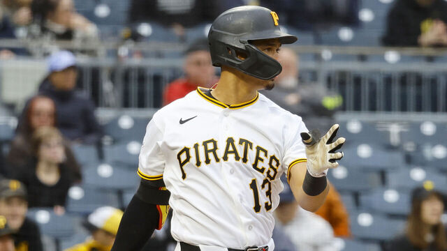 PITTSBURGH, PA - MAY 14: Endy Rodriguez #13 of the Pittsburgh Pirates hits a two RBI single in the third inning against the Colorado Rockies at PNC Park on May 14, 2026 in Pittsburgh, Pennsylvania.