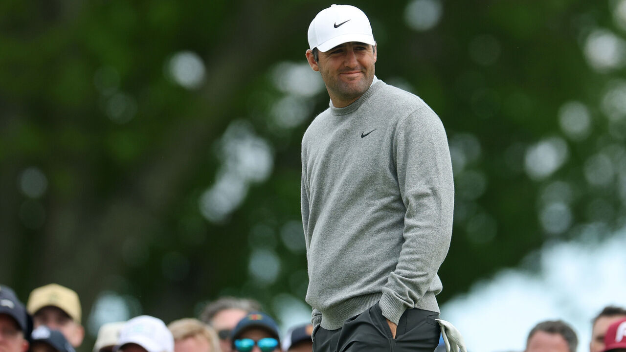 NEWTOWN, PENNSYLVANIA - MAY 14: Scottie Scheffler of the United States looks on from the eighth tee during the first round of the PGA Championship at Aronimink Golf Club on May 14, 2026 in Newtown, Pennsylvania.