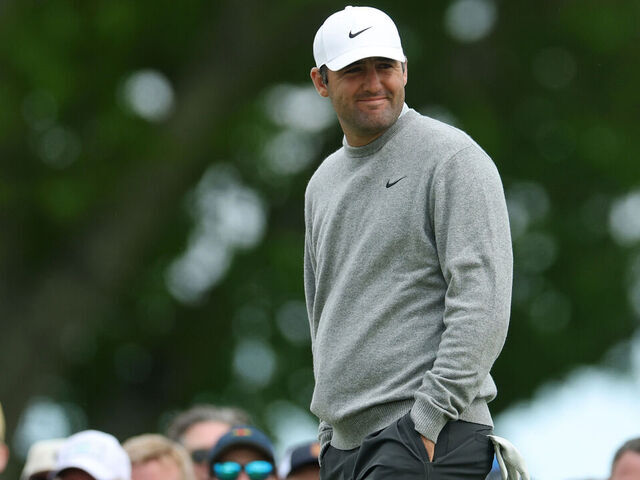 NEWTOWN, PENNSYLVANIA - MAY 14: Scottie Scheffler of the United States looks on from the eighth tee during the first round of the PGA Championship at Aronimink Golf Club on May 14, 2026 in Newtown, Pennsylvania.