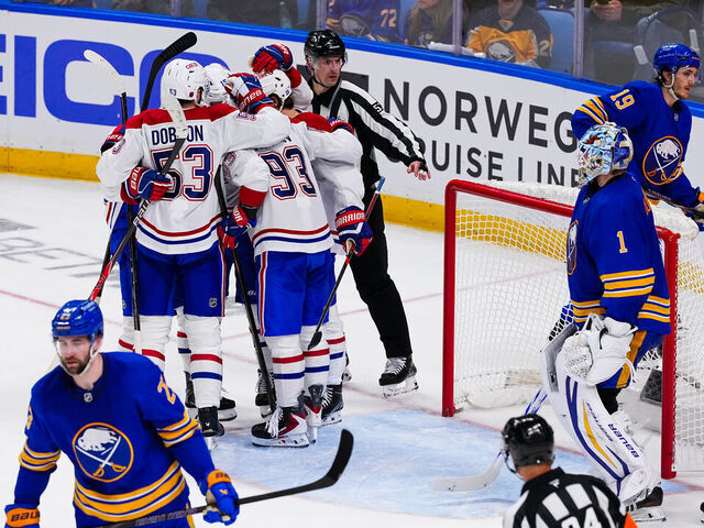 BUFFALO, NEW YORK - MAY 14: The Montreal Canadiens celebrate a goal against the Buffalo Sabres in Game Five of the Second Round of the 2026 Stanley Cup Playoffs at KeyBank Center on May 14, 2026 in Buffalo, New York.
