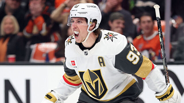 ANAHEIM, CALIFORNIA - MAY 14: Mitch Marner #93 of the Vegas Golden Knights celebrates after scoring a first period goal against the Anaheim Ducks in Game Six of the Second Round of the 2026 Stanley Cup Playoffs at Honda Center on May 14, 2026 in Anaheim, California.
