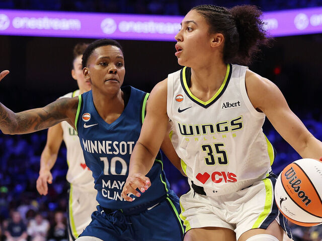 ARLINGTON, TEXAS - MAY 14: Azzi Fudd #35 of the Dallas Wings is defended by Courtney Williams #10 of the Minnesota Lynx during the second half at College Park Center on May 14, 2026 in Arlington, Texas. NOTE TO USER: User expressly acknowledges and agrees that, by downloading and or using this photograph, User is consenting to the terms and conditions of the GettyImages License Agreement.