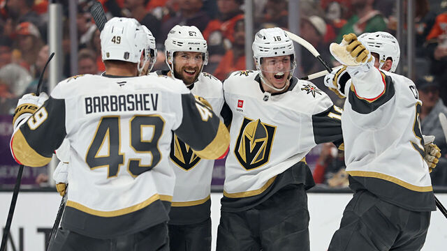 ANAHEIM, CALIFORNIA - MAY 14: Pavel Dorofeyev #16 of the Vegas Golden Knights celebrates with teammates after scoring a third period goal against the Anaheim Ducks in Game Six of the Second Round of the 2026 Stanley Cup Playoffs at Honda Center on May 14, 2026 in Anaheim, California.