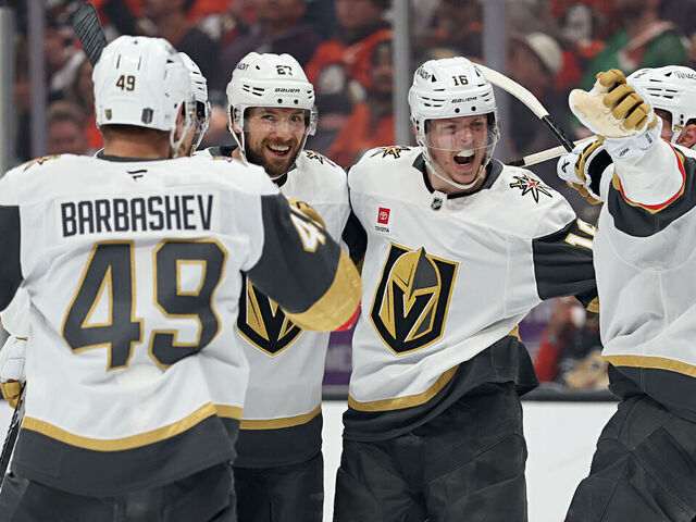 ANAHEIM, CALIFORNIA - MAY 14: Pavel Dorofeyev #16 of the Vegas Golden Knights celebrates with teammates after scoring a third period goal against the Anaheim Ducks in Game Six of the Second Round of the 2026 Stanley Cup Playoffs at Honda Center on May 14, 2026 in Anaheim, California.