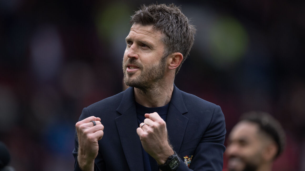 MANCHESTER, ENGLAND - MAY 3: Manchester United manager Michael Carrick celebrates after the Premier League match between Manchester United and Liverpool at Old Trafford on May 3, 2026 in Manchester, England.