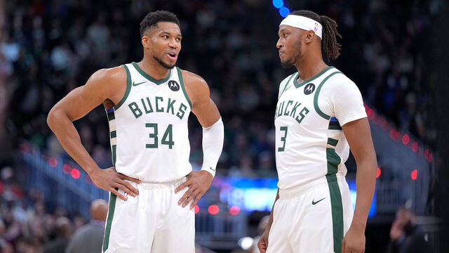 MILWAUKEE, WISCONSIN - NOVEMBER 09: Giannis Antetokounmpo #34 and Myles Turner #3 of the Milwaukee Bucks talk with each other during the game against the Houston Rockets at Fiserv Forum on November 09, 2025 in Milwaukee, Wisconsin.