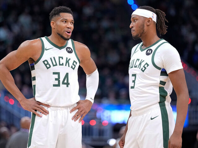 MILWAUKEE, WISCONSIN - NOVEMBER 09: Giannis Antetokounmpo #34 and Myles Turner #3 of the Milwaukee Bucks talk with each other during the game against the Houston Rockets at Fiserv Forum on November 09, 2025 in Milwaukee, Wisconsin.
