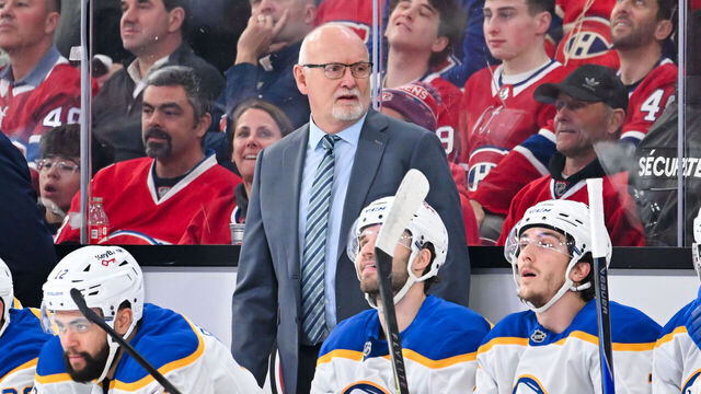 MONTREAL, CANADA - MAY 12: Head coach Lindy Ruff of the Buffalo Sabres handles bench duties during the first period against the Montréal Canadiens in Game Four of the Second Round of the 2026 Stanley Cup Playoffs at the Bell Centre on May 12, 2026 in Montreal, Quebec, Canada.