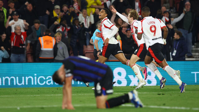 SOUTHAMPTON, ENGLAND - MAY 12: Shea Charles of Southampton celebrates after scoring to put his team 2-1 up during the Sky Bet Championship Play Off Semi Final Second Leg match between Southampton and Middlesbrough at St Mary's Stadium on May 12, 2026 in Southampton, England.