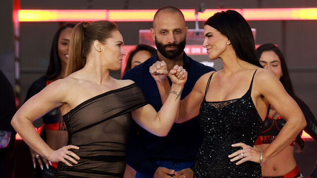INGLEWOOD, CALIFORNIA - MAY 14: Gina Carano and Ronda Rousey face off during the Press Conference for Netflix's Ronda Rousey vs. Gina Carano at Intuit Dome on May 14, 2026 in Inglewood, California.