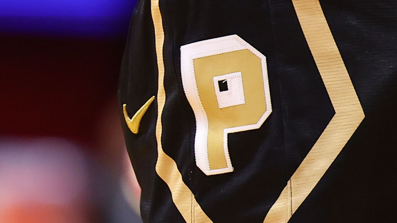 PISCATAWAY, NJ - DECEMBER 02: A general view of the Purdue Boilermakers shorts logo during the first half of the game against the Rutgers Scarlet Knights on December 2, 2025 at Jersey Mikes Arena in Piscataway, New Jersey.
