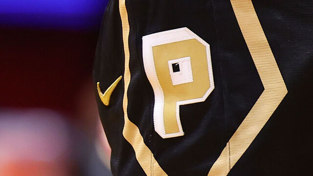 PISCATAWAY, NJ - DECEMBER 02: A general view of the Purdue Boilermakers shorts logo during the first half of the game against the Rutgers Scarlet Knights on December 2, 2025 at Jersey Mikes Arena in Piscataway, New Jersey.