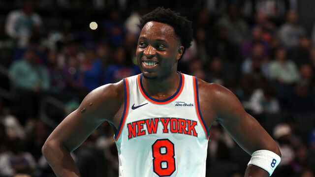 CHARLOTTE, NC - NOVEMBER 29: OG Anunoby #8 of the New York Knicks smiles during the game against the Charlotte Hornets during the Emirates NBA Cup game on November 29, 2024 at Spectrum Center in Charlotte, North Carolina. Mandatory Copyright Notice: Copyright 2024 NBAE