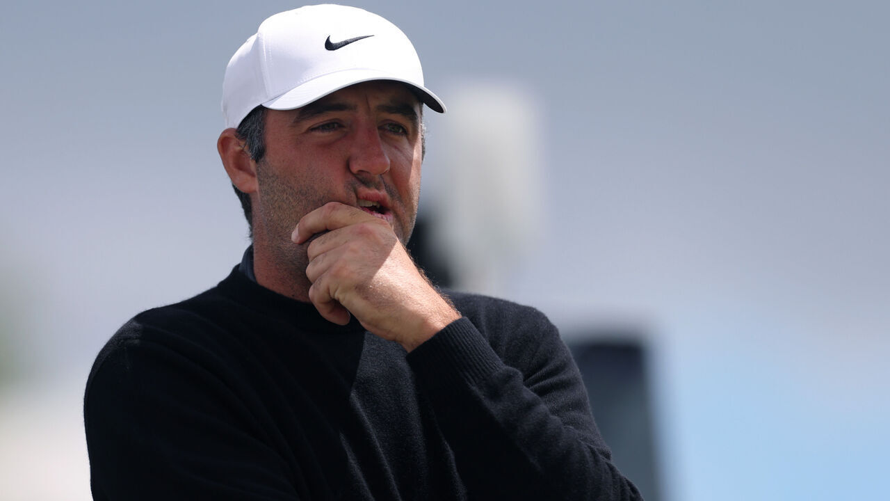 NEWTOWN, PENNSYLVANIA - MAY 15: Scottie Scheffler of the United States looks on from the eighth tee during the second round of the PGA Championship at Aronimink Golf Club on May 15, 2026 in Newtown, Pennsylvania.