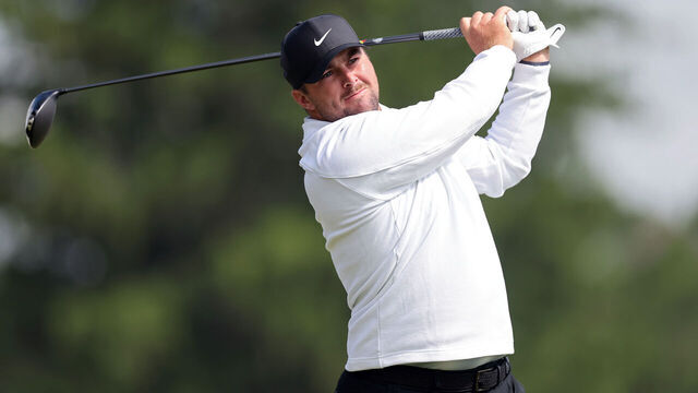 NEWTOWN, PENNSYLVANIA - MAY 15: Chris Gotterup of the United States plays his shot from the 15th tee during the second round of the PGA Championship at Aronimink Golf Club on May 15, 2026 in Newtown, Pennsylvania.