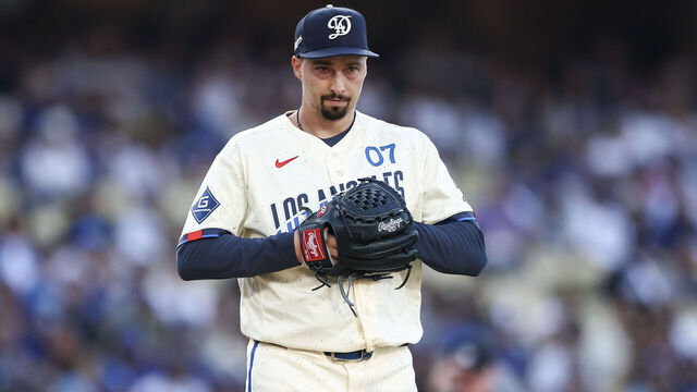 LOS ANGELES, CALIFORNIA - MAY 09: Blake Snell #7 of the Los Angeles Dodgers pitches in the first inning against the Atlanta Braves at Dodger Stadium on May 09, 2026 in Los Angeles, California.