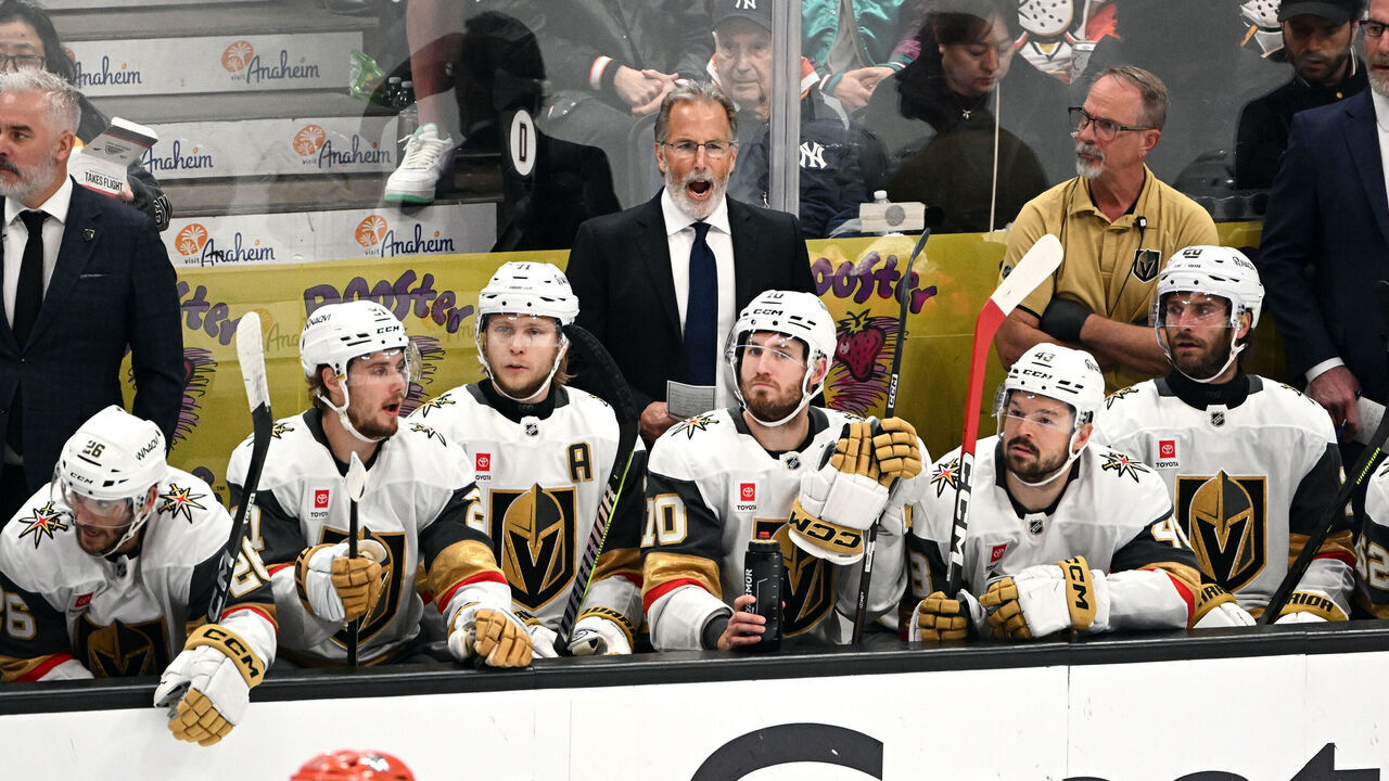 ANAHEIM, CA - MAY 14: Vegas Golden Knights Head Coach John Tortorella behind his players during NHL hockey game 6 Stanley Cup Playoffs Second Round game against the Anaheim Ducks played on May 14, 2026 at the Honda Center in Anaheim, CA.