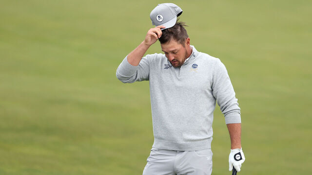 NEWTOWN, PENNSYLVANIA - MAY 15: Bryson DeChambeau of the United States reacts on the seventh hole during the second round of the PGA Championship at Aronimink Golf Club on May 15, 2026 in Newtown, Pennsylvania.