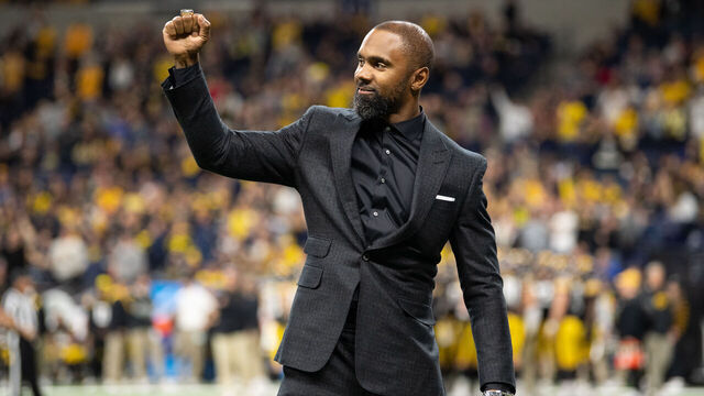 INDIANAPOLIS, IN - DECEMBER 04: Former Michigan Wolverines player Charles Woodson is honored during the Big 10 Championship game between the Michigan Wolverines and Iowa Hawkeyes on December 4, 2021, at Lucas Oil Stadium in Indianapolis, IN.