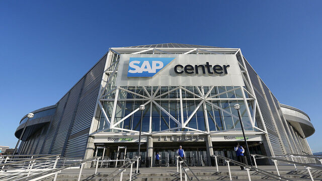 SAN JOSE, CALIFORNIA - OCTOBER 09: A detailed view of the exterior of the SAP Center prior to the start of the game between the Vegas Golden Knights and San Jose Sharks at SAP Center on October 09, 2025 in San Jose, California.