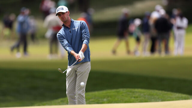 NEWTOWN, PENNSYLVANIA - MAY 15: Alex Smalley of the United States chips onto the ninth green during the second round of the PGA Championship at Aronimink Golf Club on May 15, 2026 in Newtown, Pennsylvania.