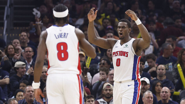 CLEVELAND, OH - MAY 15: Caris LeVert #8 and Jalen Duren #0 of the Detroit Pistons celebrates during the game against the Cleveland Cavaliers during Round Two Game Six of the 2026 NBA Playoffs on May 15, 2026 at Rocket Mortgage FieldHouse in Cleveland, Ohio. NOTE TO USER: User expressly acknowledges and agrees that, by downloading and/or using this Photograph, user is consenting to the terms and conditions of the Getty Images License Agreement. Mandatory Copyright Notice: Copyright 2026 NBAE