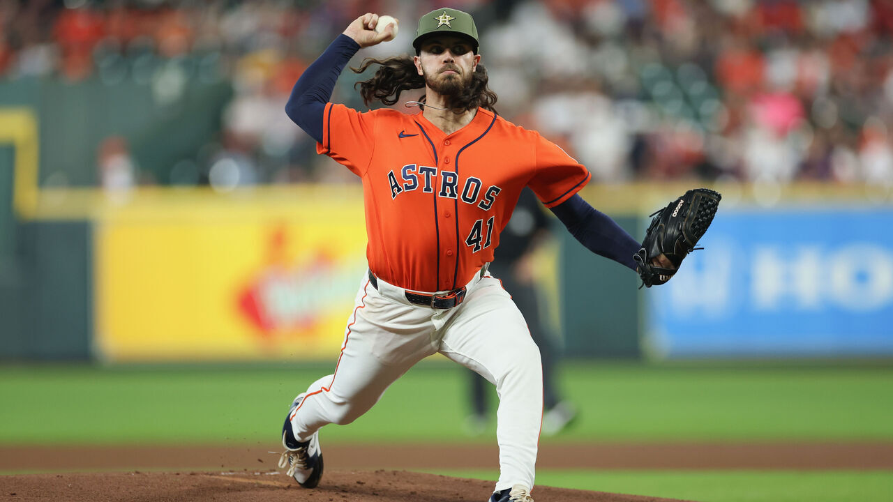 HOUSTON, TEXAS - MAY 15: Spencer Arrighetti #41 of the Houston Astros pitches in the first inning against the Texas Rangers at Daikin Park on May 15, 2026 in Houston, Texas.