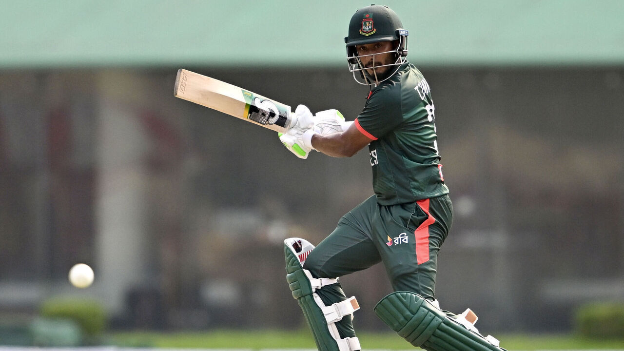 Bangladesh's Tanzid Hasan Tamim watches the ball after playing a shot during the third one-day international (ODI) cricket match between Bangladesh and Pakistan at Sher-e-Bangla National Stadium in Mirpur on March 15, 2026.