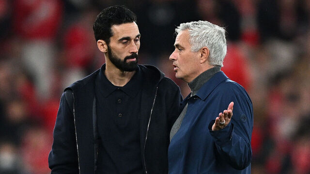 LISBON, PORTUGAL - FEBRUARY 17: Alvaro Arbeloa, Head Coach of Real Madrid, speaks to Jose Mourinho, Head Coach of Benfica, after a clash between Gianluca Prestianni and Vinicius Junior during the UEFA Champions League 2025/26 League Knockout Play-off First Leg match between SL Benfica and Real Madrid C.F. at Estadio do SL Benfica on February 17, 2026 in Lisbon, Portugal.