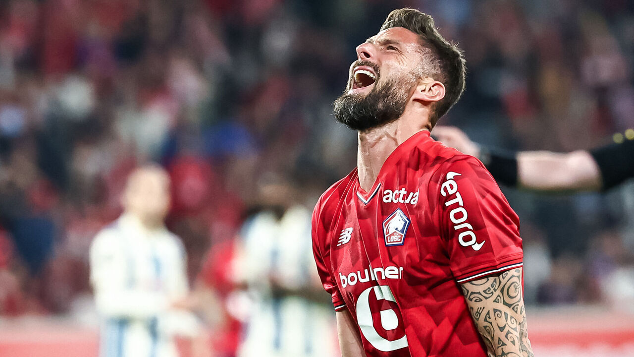 Lille's French forward #09 Olivier Giroud reacts after missing a goal opportunity during the French L1 football match between Lille LOSC and Le Havre AC at the Pierre Mauroy stadium in Villeneuve-d'Ascq, northern France, on May 3, 2026.