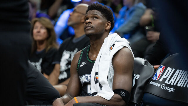 MINNEAPOLIS, MN. - MAY 2026: Minnesota Timberwolves guard Anthony Edwards (5) sits on the bench during a timeout after the San Antonio Spurs took a commanding 30-point lead in the fourth quarter of Game 6 of the Western Conference semifinals at Target Center in Minneapolis, Minn. on Friday, May 15, 2026.